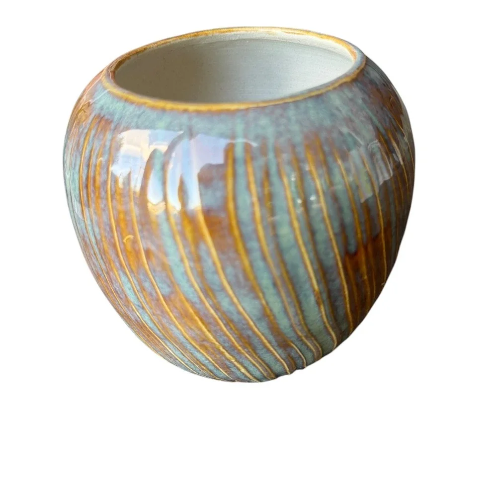 Handmade Studio Pottery Planter Vase Teal Amber Reactive Glaze Ribbed Pottery